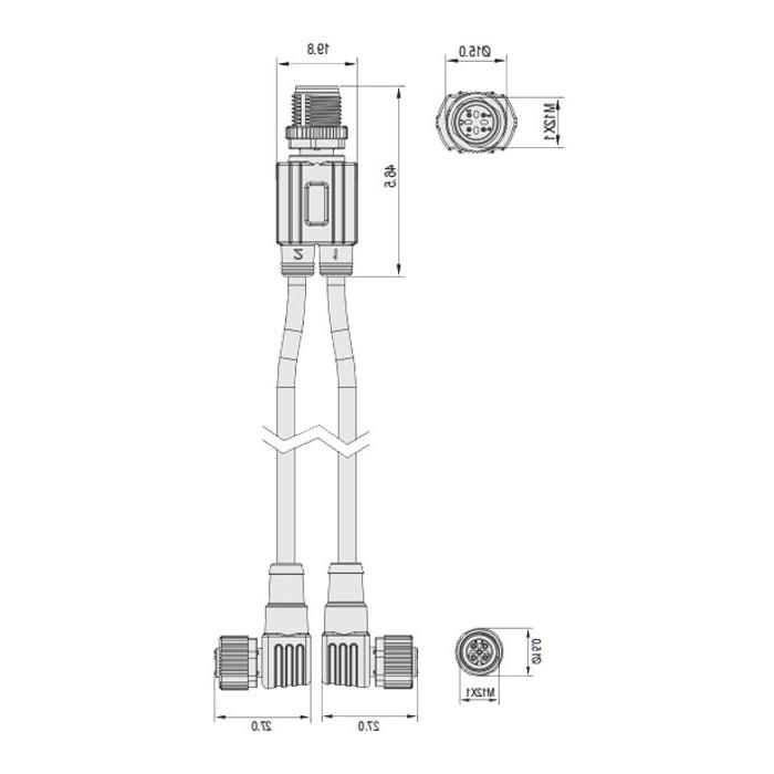 M12 4Pin公头/2M12 3Pin母头90°、带LED灯、IP 69K-ECOLAB、食品级、Y型预铸PVC非柔性电缆、灰色护套、64E423-XXX